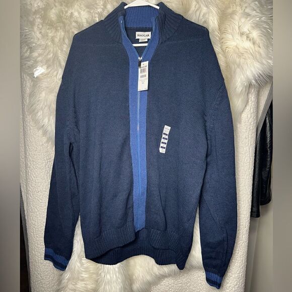 New Haggar  Men's Sweater Blue Collar Full Zip Size XXL MSRP $90 NWT Comfort - Picture 2 of 5